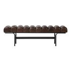 Dark brown tufted leather bench with black metal frame.