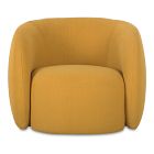 Orange-yellow lounge chair with rounded back and armrest.
