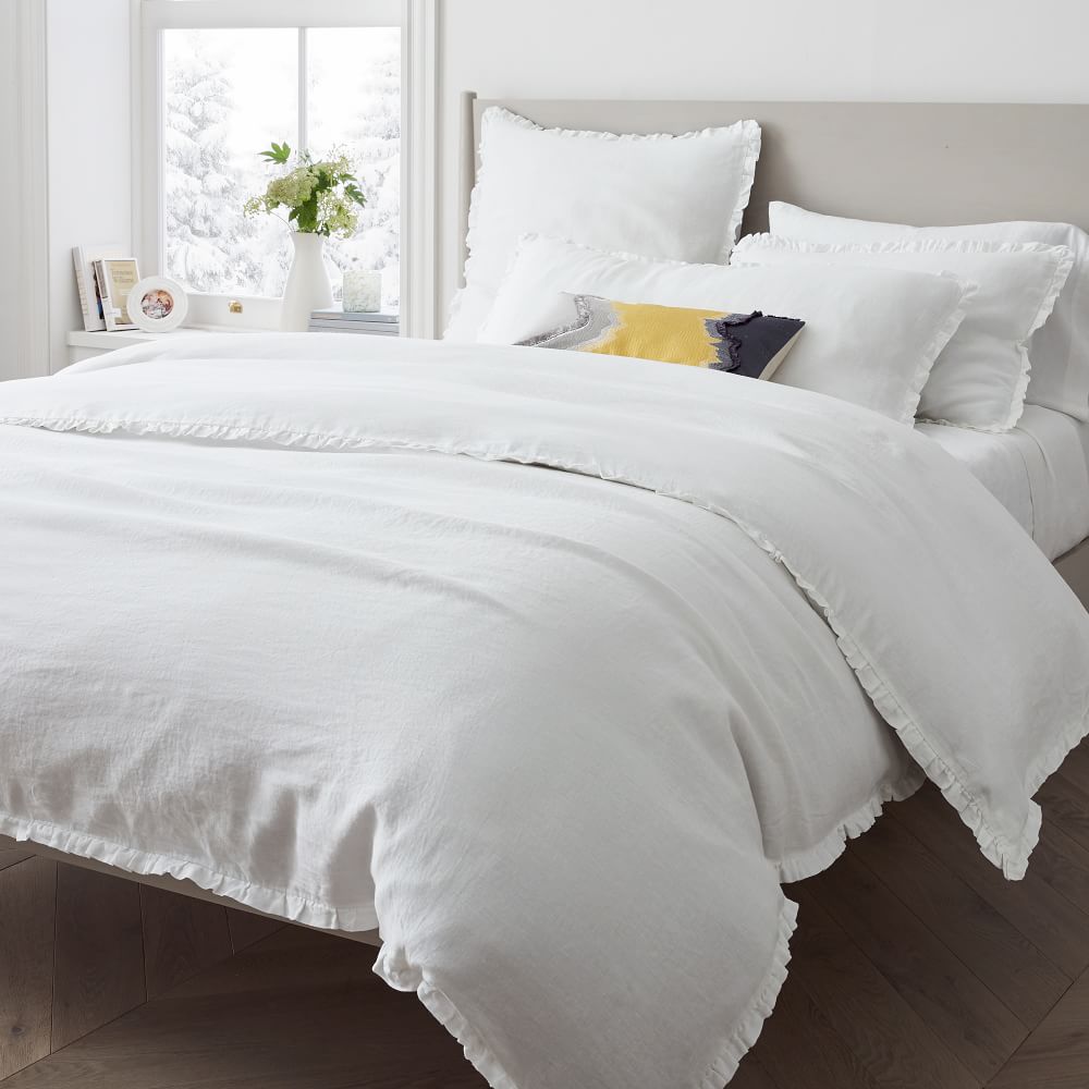 King European Flax Linen Ruffle Duvet Cover & Shams - White