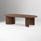 Small wooden oval coffee table with two thick legs, light brown finish.