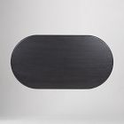 Oval wooden table top with rounded ends shown from top-down view.