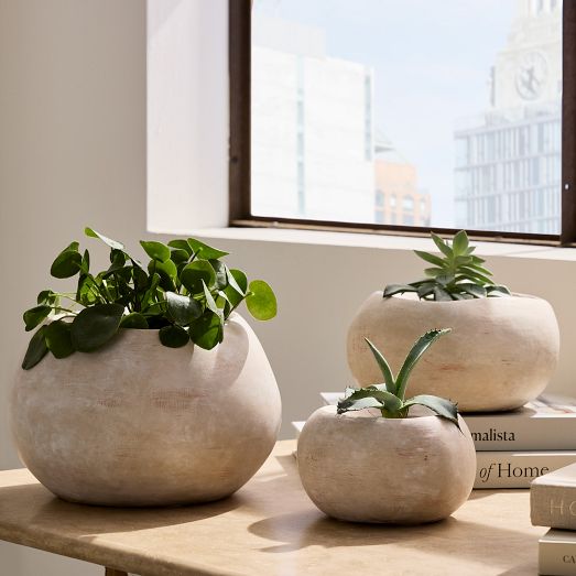 Chole Textured Stone Tabletop Planter, Large, Rustic White, West Elm