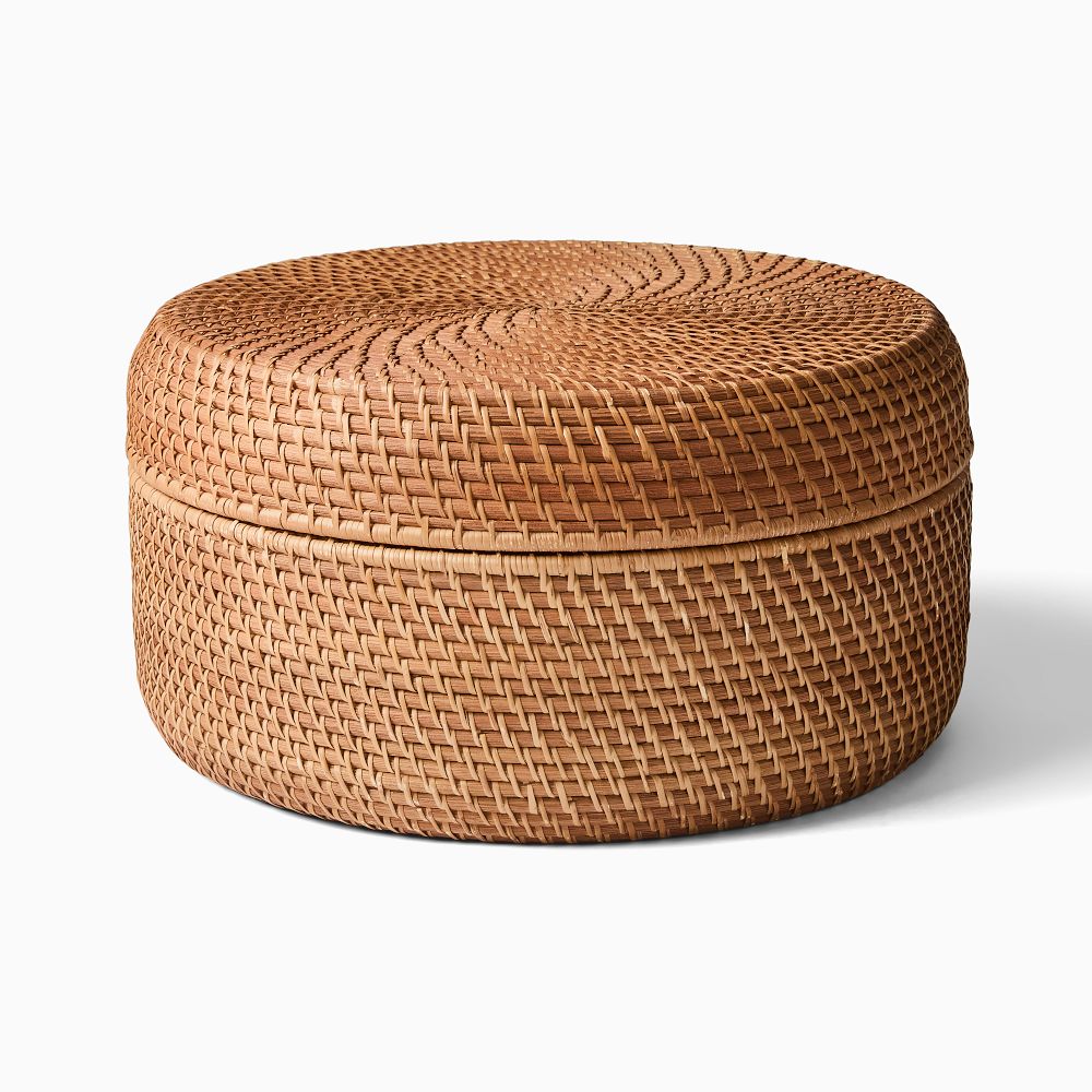 Modern Weave Rattan Baskets - Large Round Lidded Basket - 20"D x 10"H