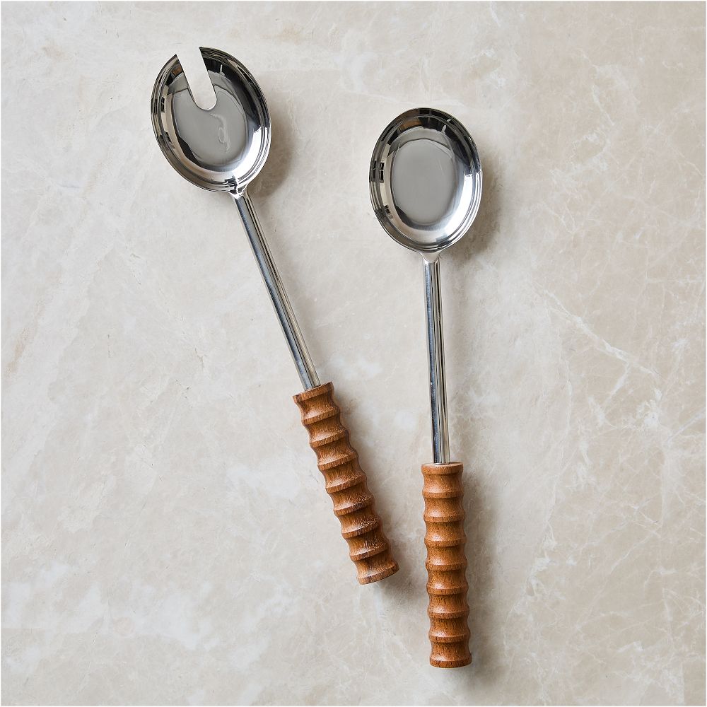 Groove Wood Salad Servers (Set of 2) - Salad Server, Acacia, Set of 2