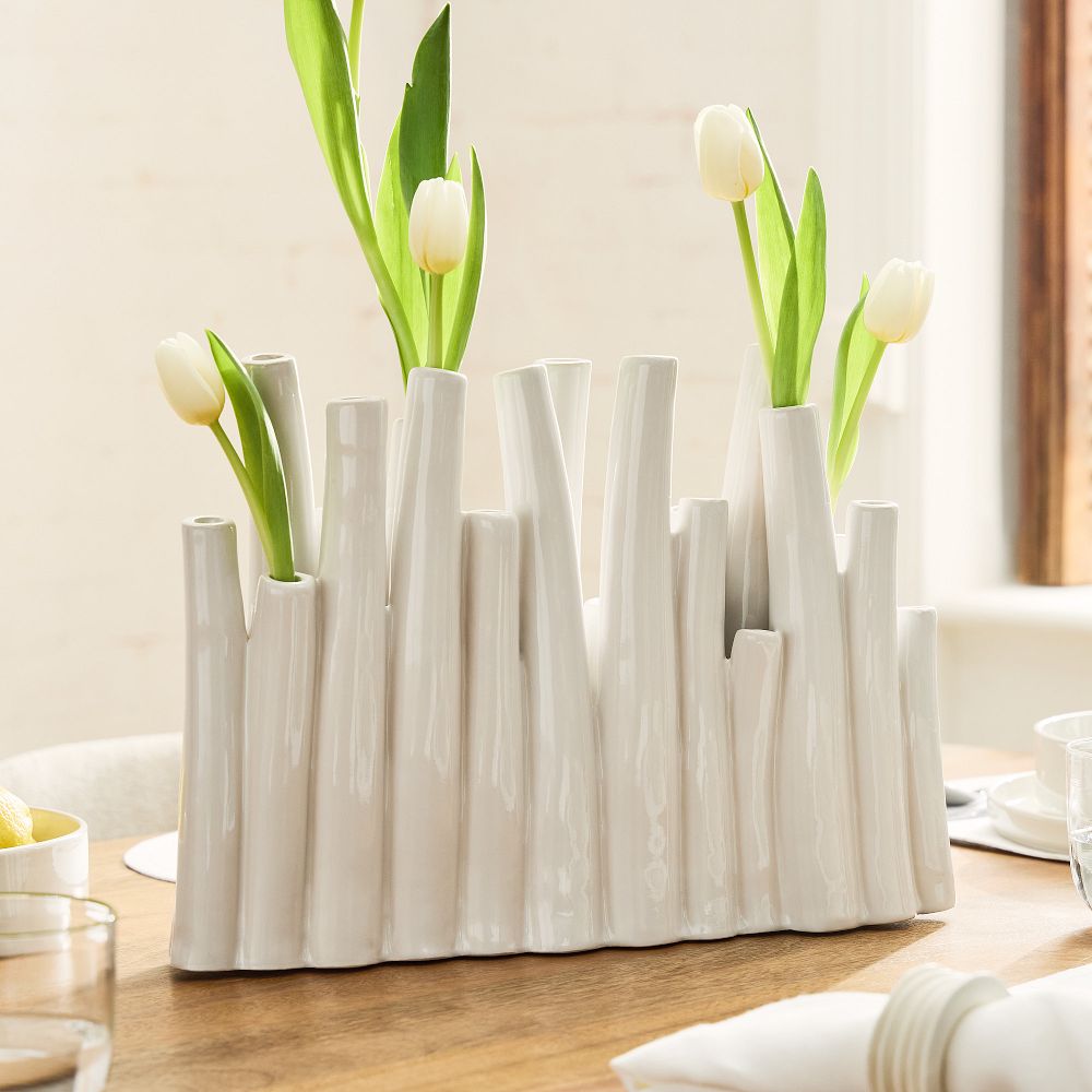 Tulipiere Vase - White Ceramic, 14 in Wide