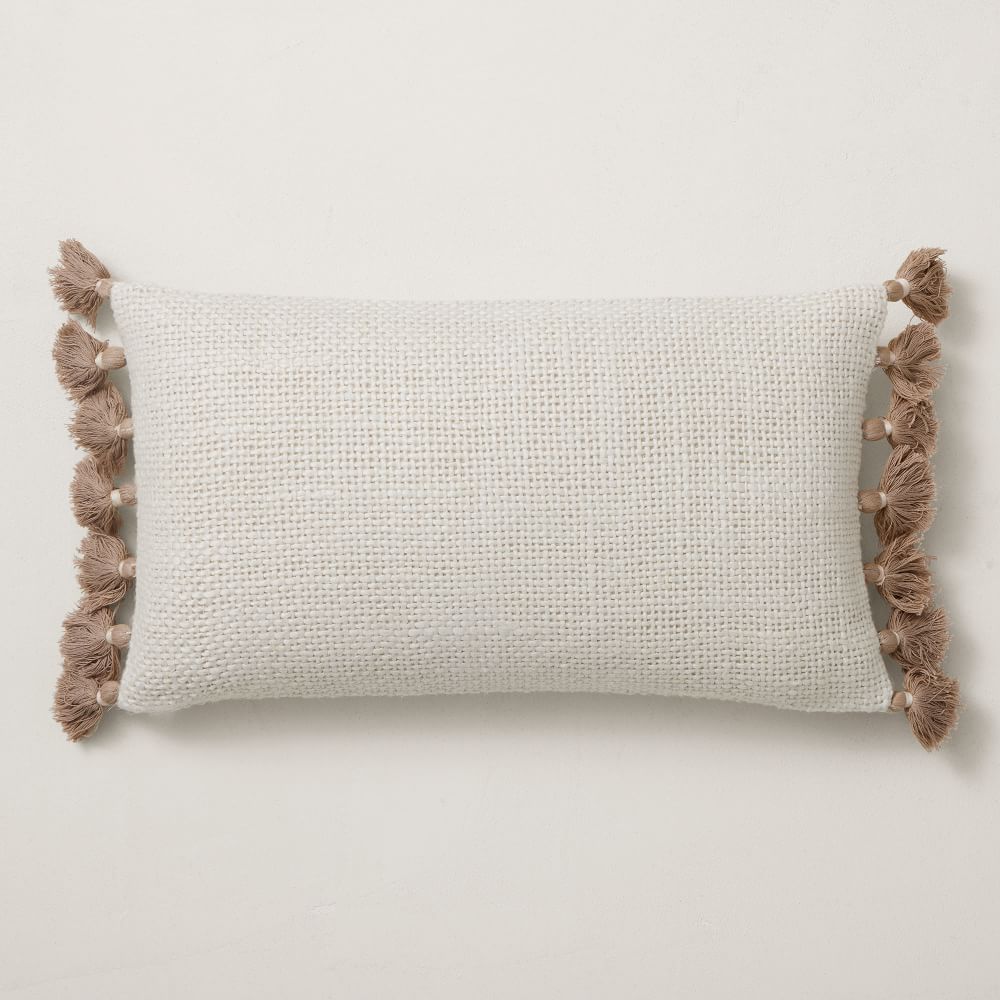Two-Tone Chunky Linen Tassels Pillow Cover - 12"x21", White