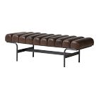 Brown tufted leather bench on a black metal frame, similar to others.