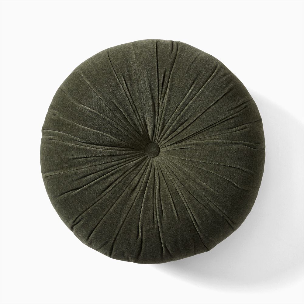 Classic Cotton Velvet Tufted Round Pillow - 18 In Round, Dark Olive