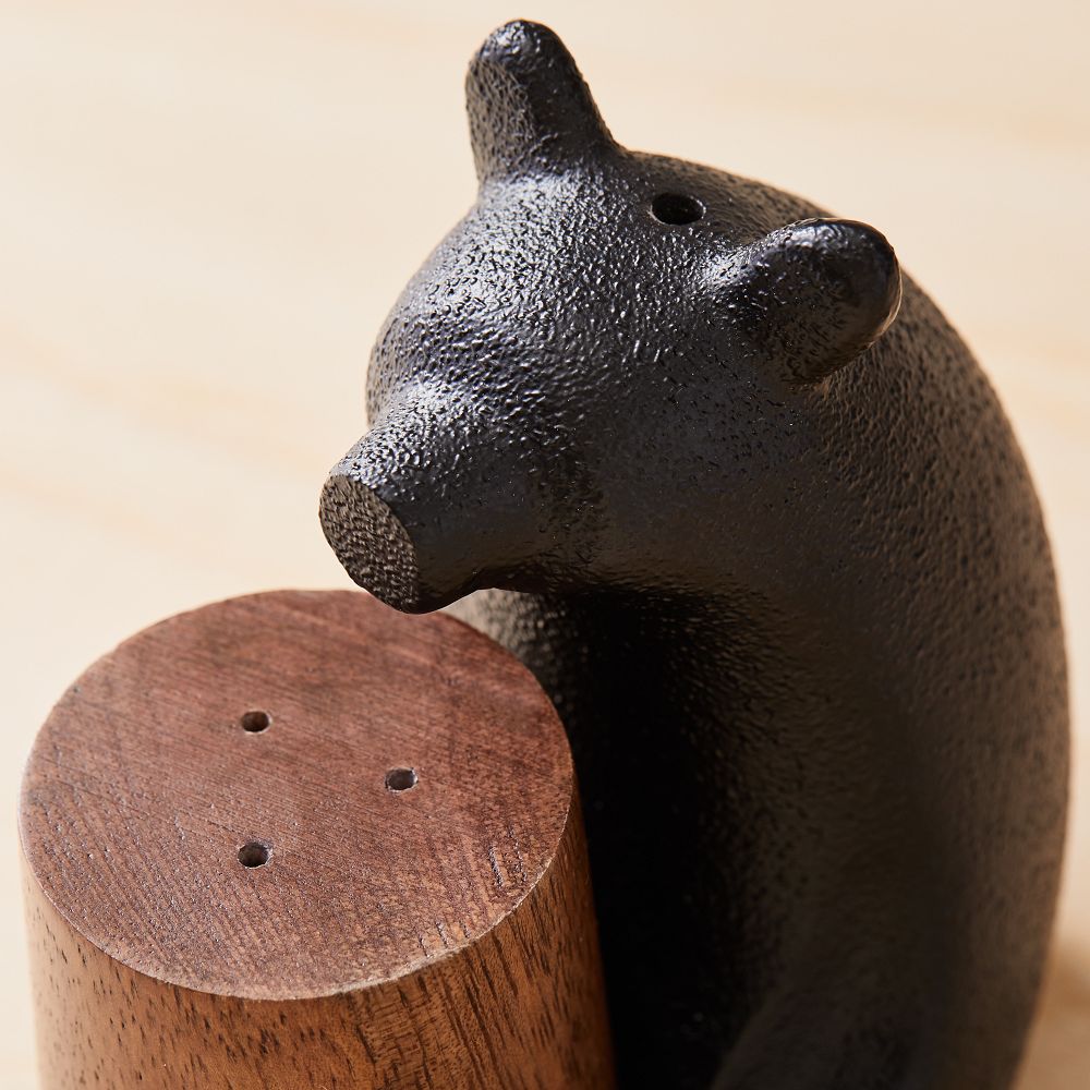 Bear Salt & Pepper Shaker Set - Metal + Wood, Set of 2