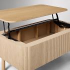 Lift-top wooden storage chest with black metal hinges and interior storage