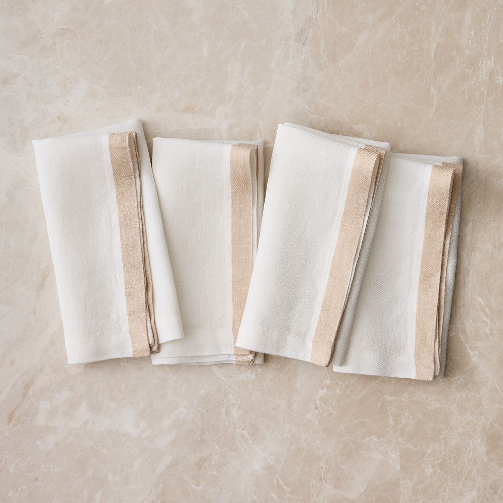 European Linen Contrast Border Napkins (Set of 4) - White, Set of 4, 18"x18"