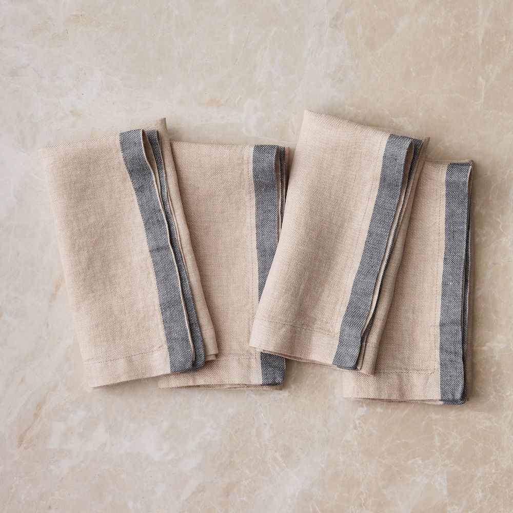 European Linen Contrast Border Napkins (Set of 4) - Sand, Set of 4, 18"x18"