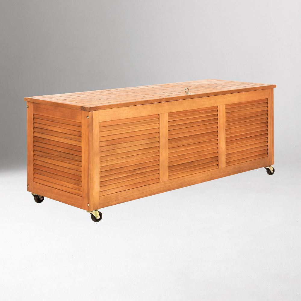 Wooden outdoor storage box with lid closed