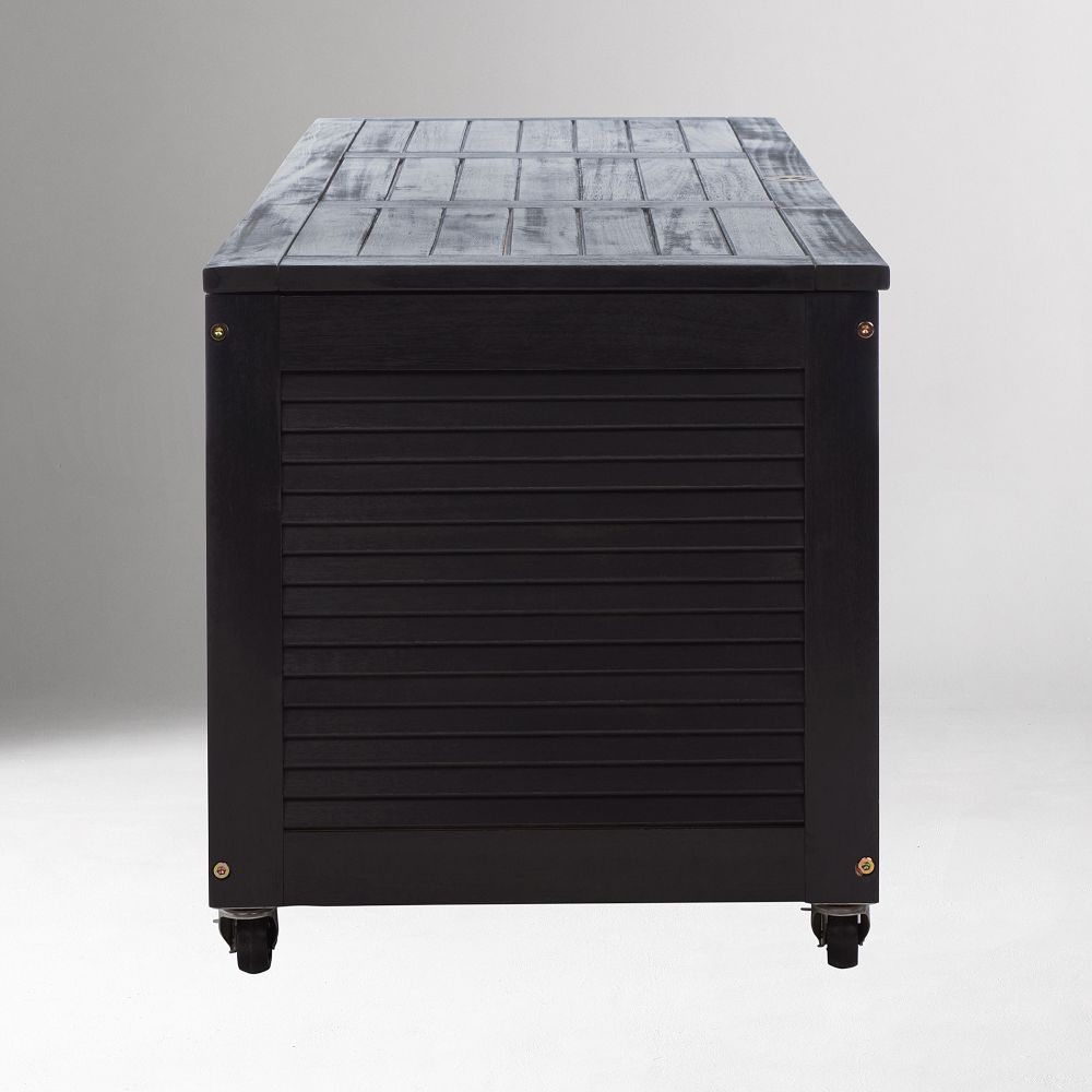 Front view of black louvered storage cabinet on wheels