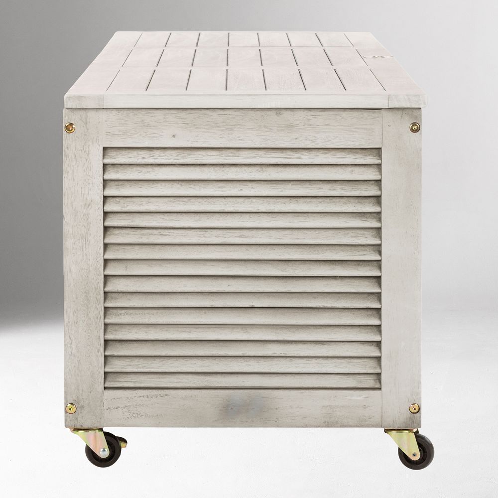 Front view of a louvered wooden storage chest on wheels with lid