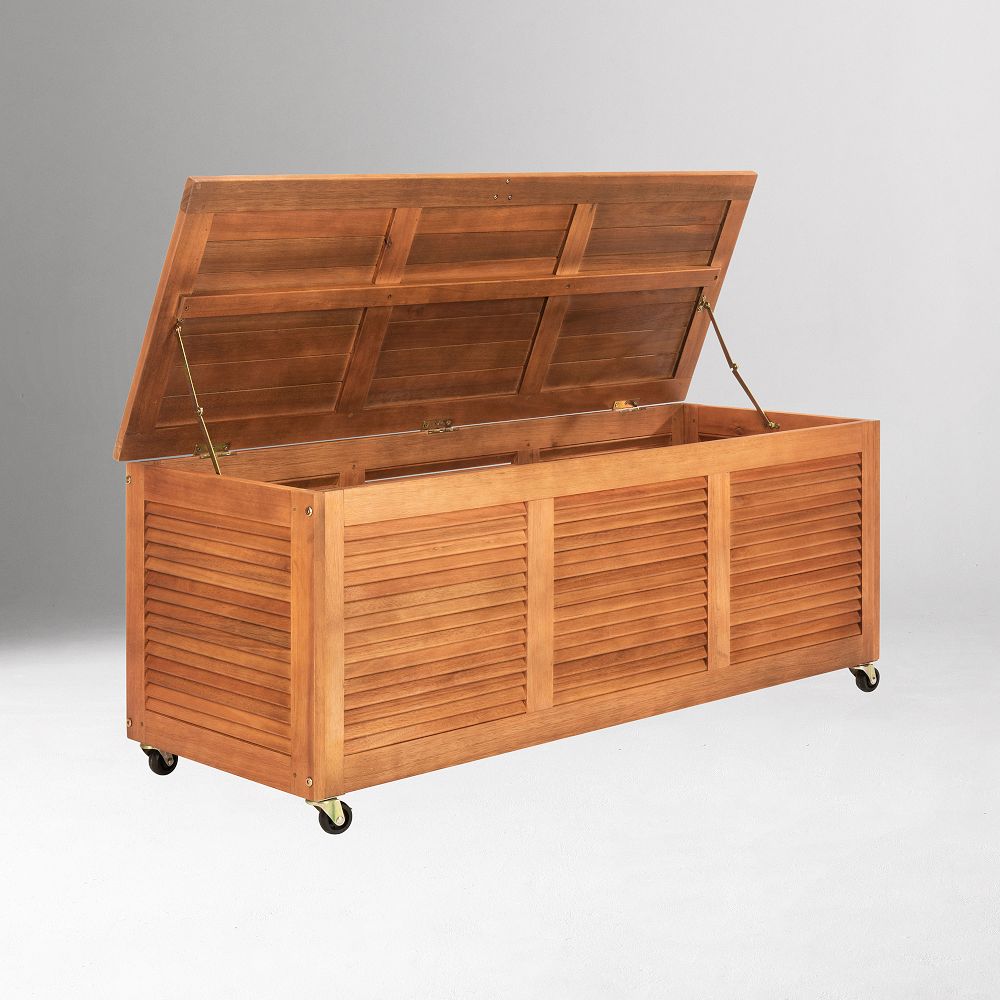 Wooden outdoor storage box with lid open