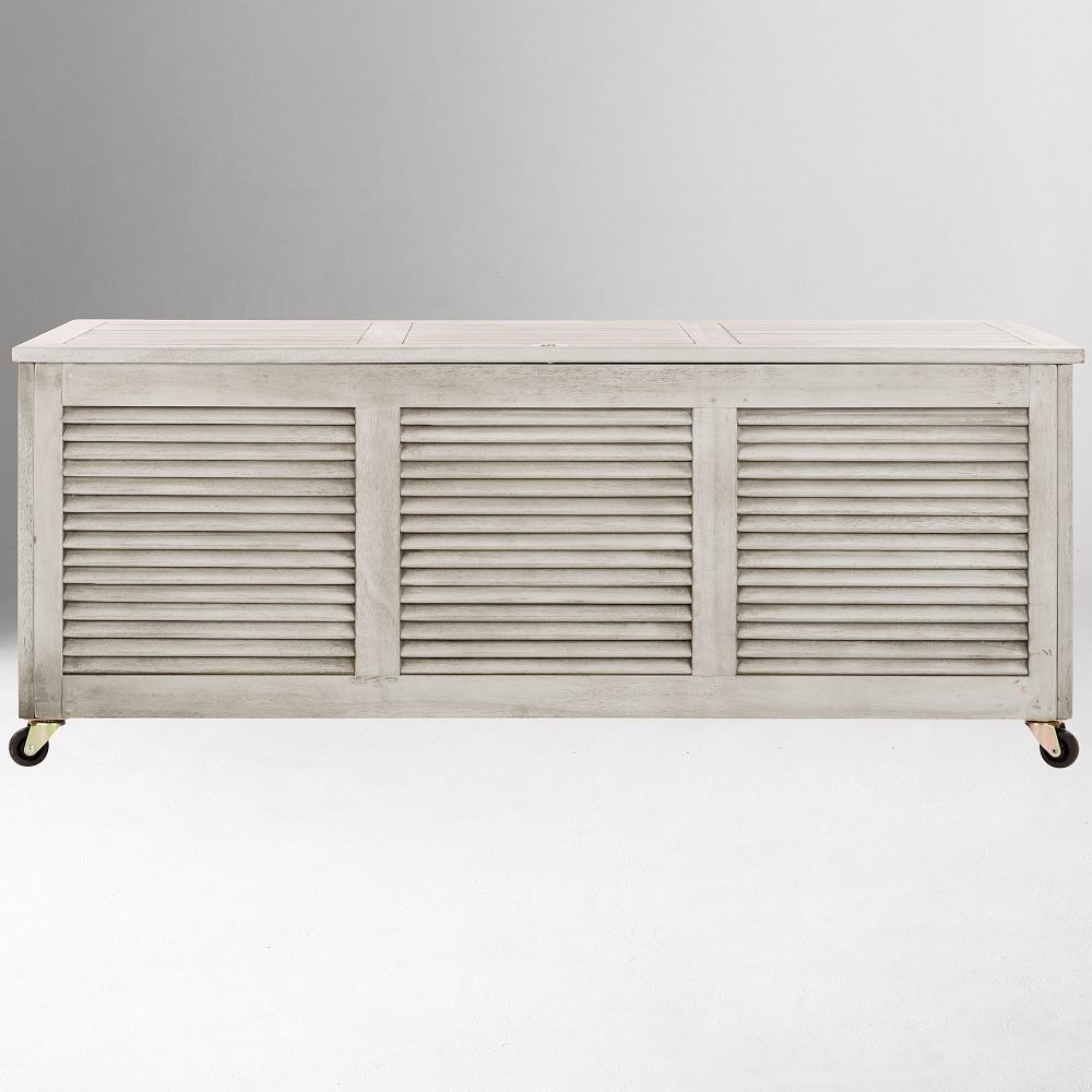 Long louvered wooden storage chest on wheels