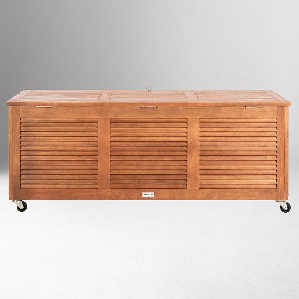 Wooden storage bench with lid closed