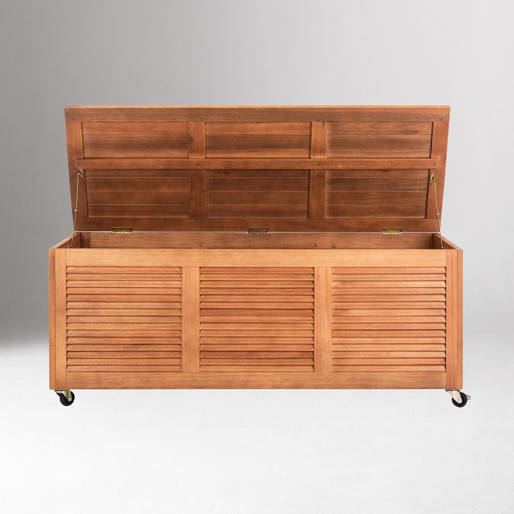 Wooden storage bench with lid open
