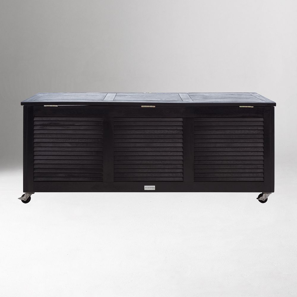 Black louvered storage chest on wheels