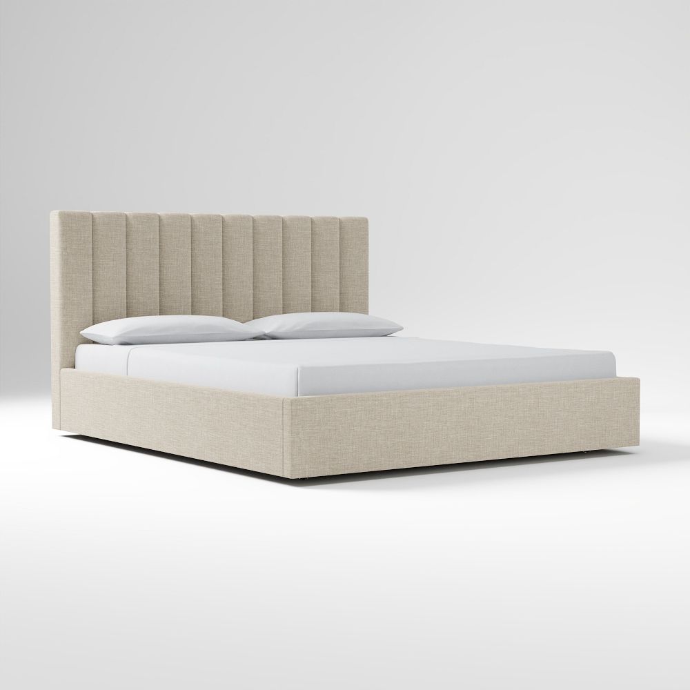 Emmett Channeled Low Profile Bed - Performance Yarn Dyed Linen Weave Oatmeal, No Show, Cal King
