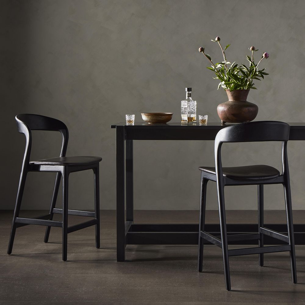 Scooped Ash Wood Leather Stool by West Elm