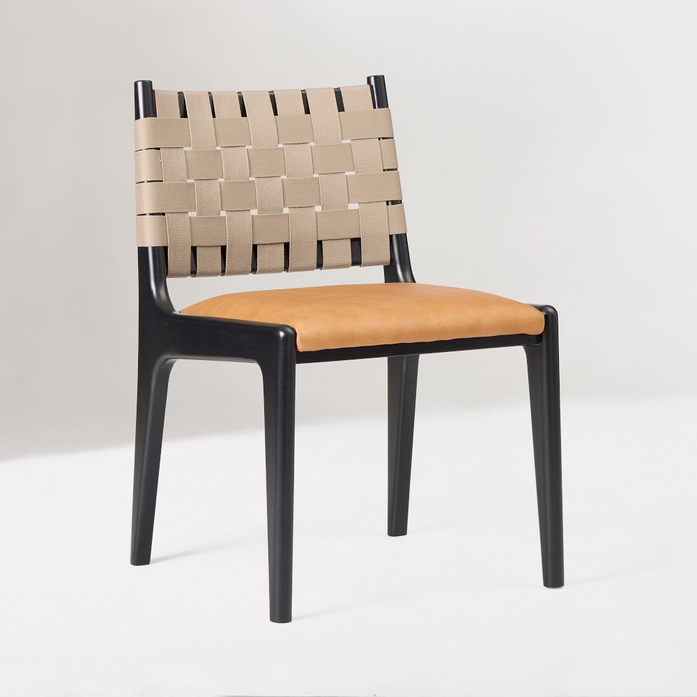 Dunham chair with tan leather seat and woven back
