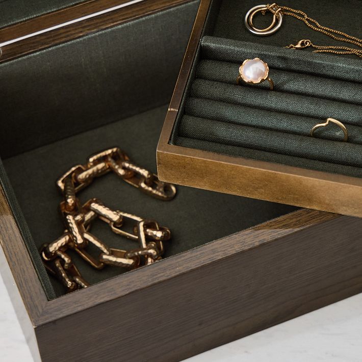west elm 木製 ウッド ゴールド アクセサリージュエリーケース Julieta Wood Jewelry Box, Green Ash | West Elm