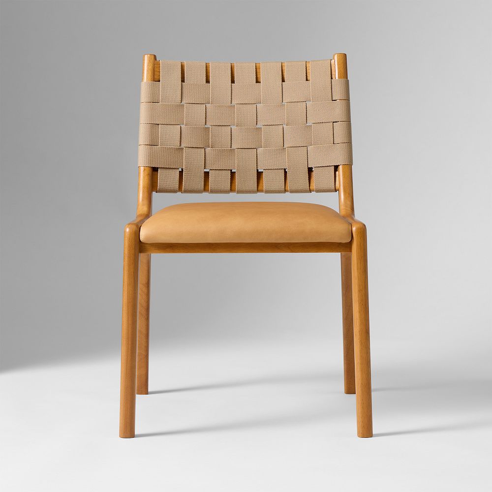Dunham chair warm tan leather and woven back