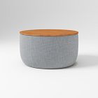 Open Box: Upholstered Round Storage Ottoman, 30" W - Performance+ Yarn Dyed Linen Weave Graphite, Walnut