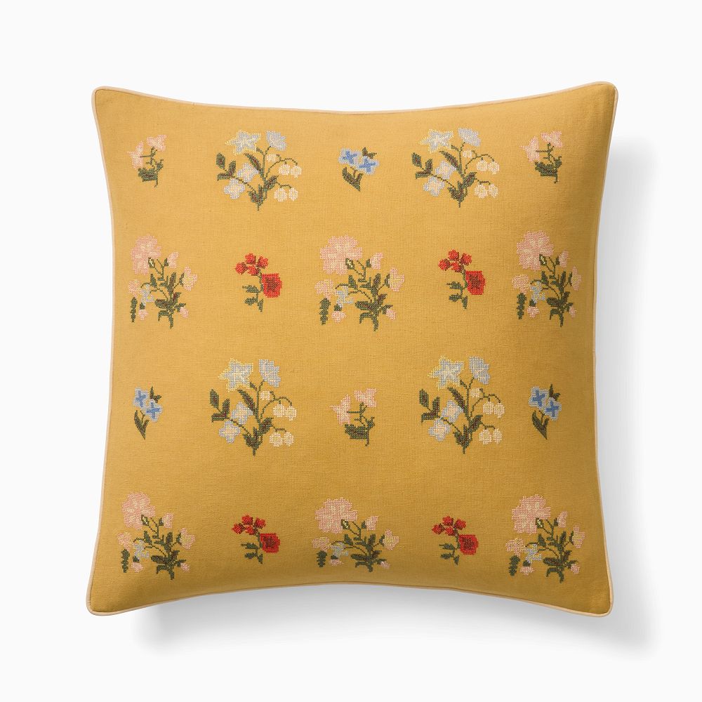 Emma Chamberlain Embroidered Floral Pillow Cover - 20"x20", Mustard + Feather Insert