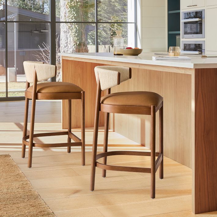 Ezra Bar & Counter Stool, Leather & Wood | West Elm