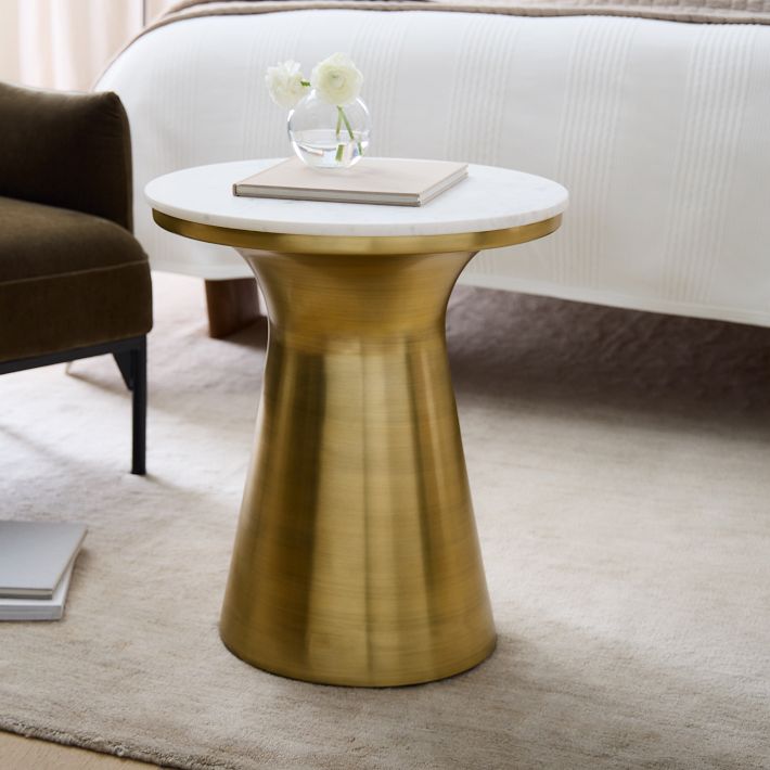 Marble Top Pedestal Side Table - Solid Mango Wood Cylindrical End Table Fully Assembled