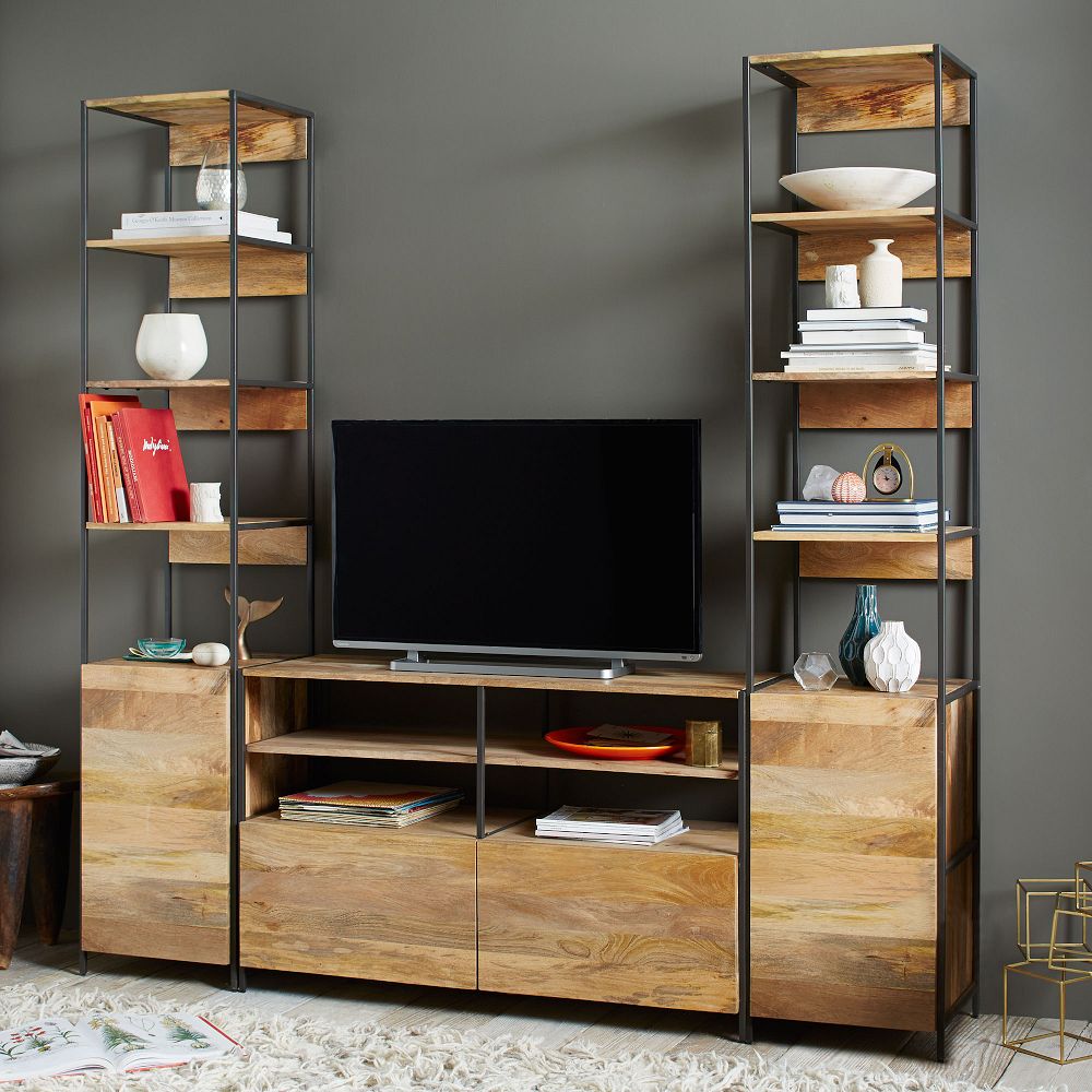 Industrial Solid Wood Modular Media Set With Open & Closed Storage (83") by West Elm
