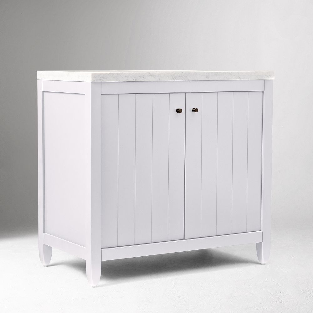 White cabinet vanity with marble top