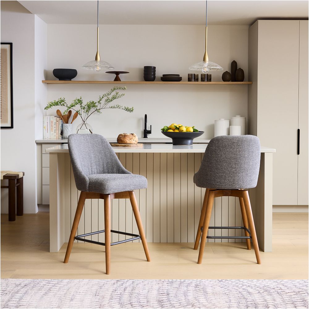Mid-Century Upholstered Swivel Counter Stool - Wood Legs by West Elm