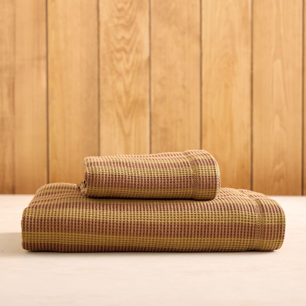 Emma Chamberlain Stripe Waffle Towels Sets - Brown/Red, Set of 2 - (1 Bath Towel, 1 Hand Towel)