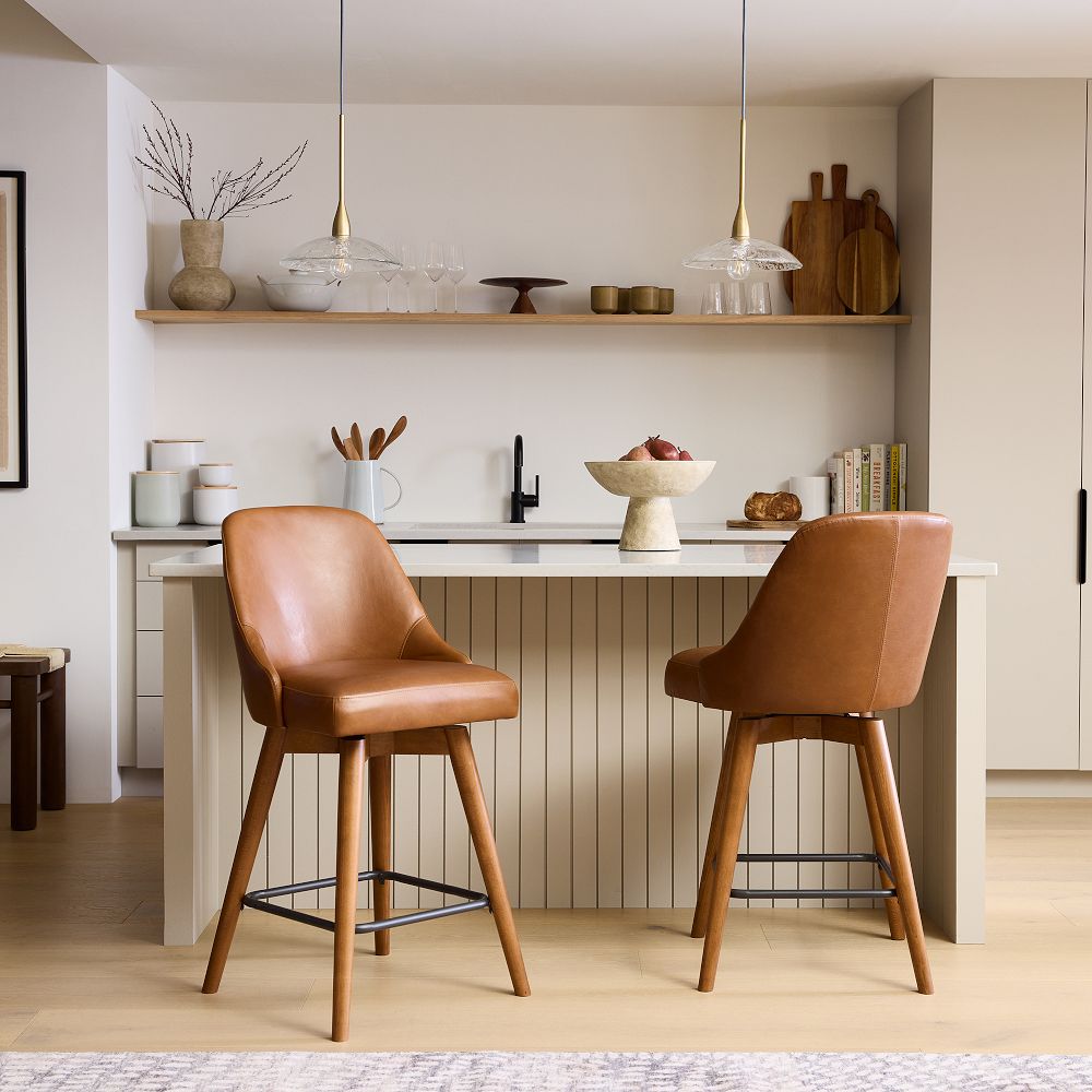 Mid-Century Leather Swivel Counter Stool - Wood Legs by West Elm