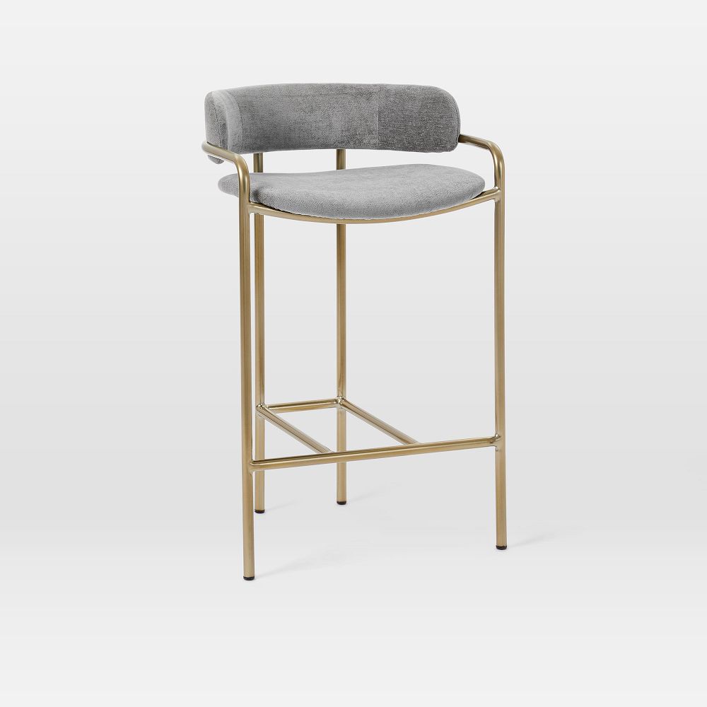 Lenox Bar & Counter Stools - Performance Distressed Velvet, Mineral Gray, Blackened Brass
