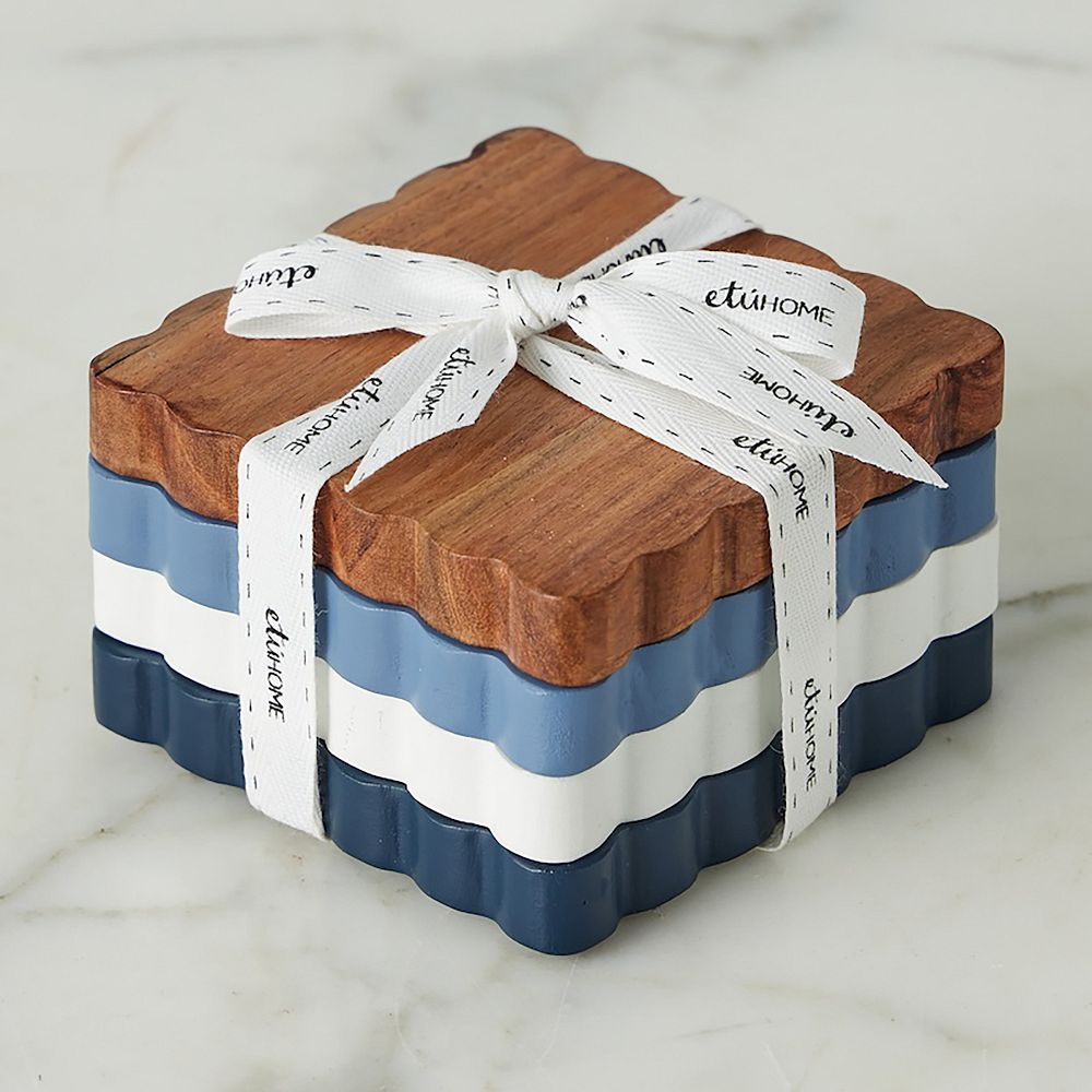 Scalloped Wood Square Coasters (Set of 4) - Square, Set of 4, Maritime Colors