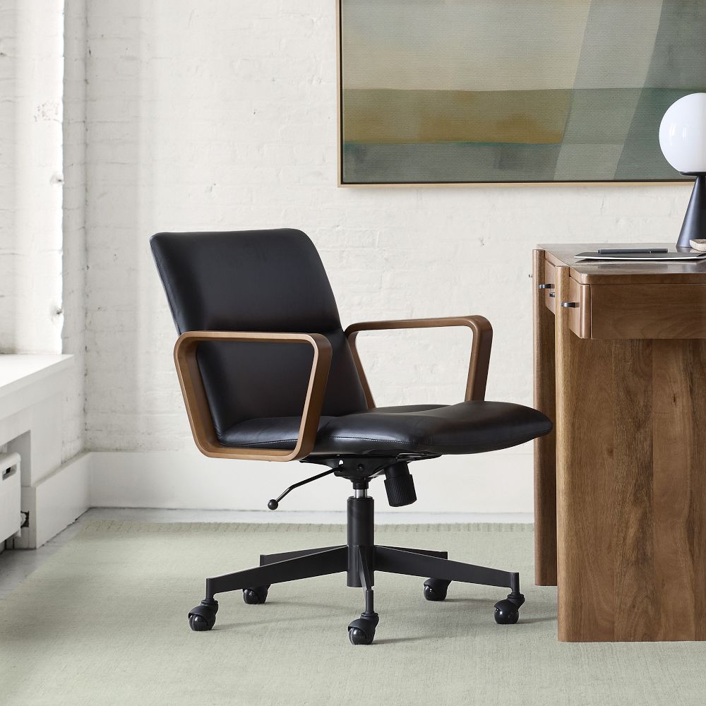 Cooper Leather Swivel Office Chair w/ Wood Arms by West Elm