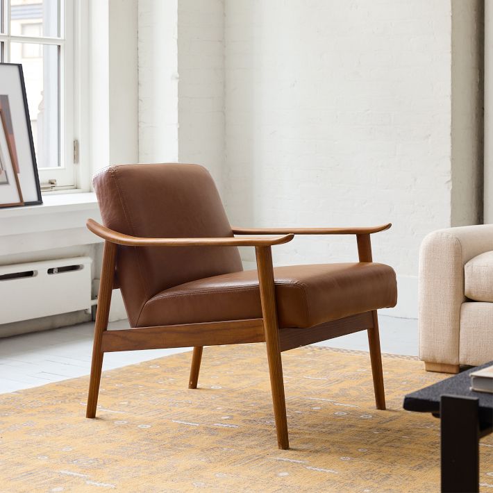 1人掛けソファ 1970s MID CENTURY LEATHER WOOD ARM CHAIR Mid-Century Leather Show Wood Chair | West Elm