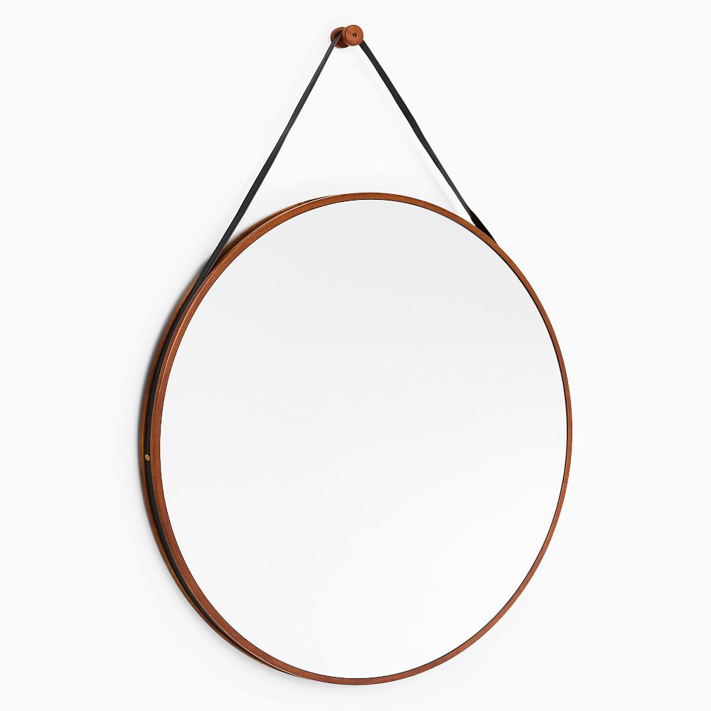 Modern Hanging Round Wall Mirror w/ Leather Strap - Walnut and Black, 36" Diam