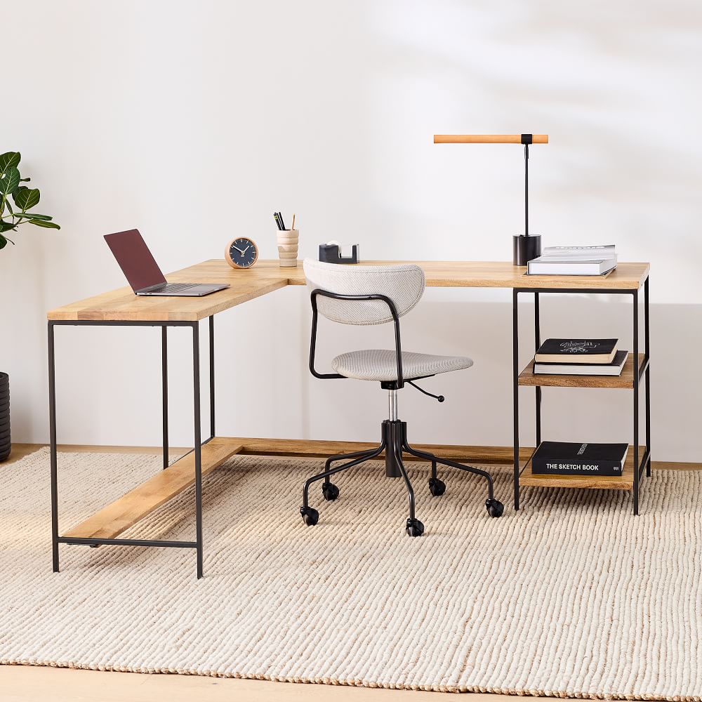 Industrial Solid Wood Storage Modular L-Shaped Desk w/ Open Shelves (64") by West Elm