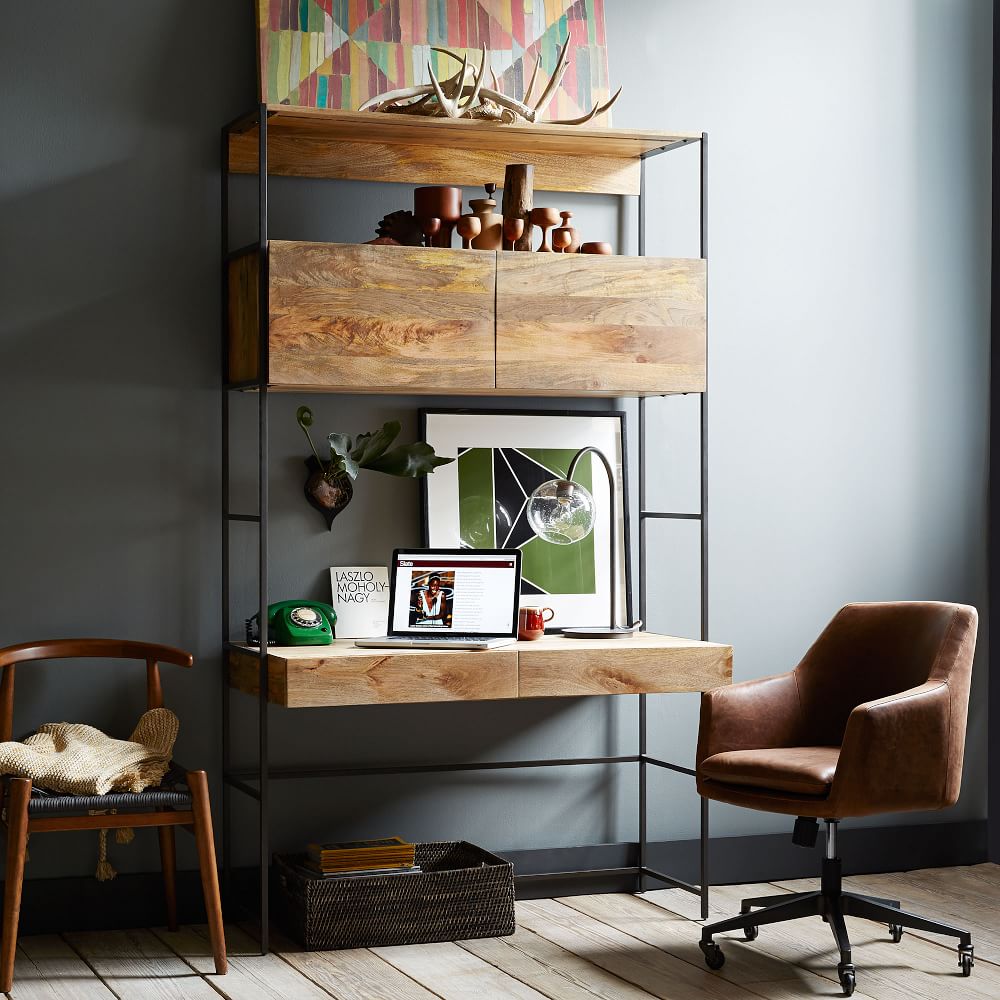 Industrial Solid Wood Modular Wall Desk & Helvetica Office Chair Set by West Elm