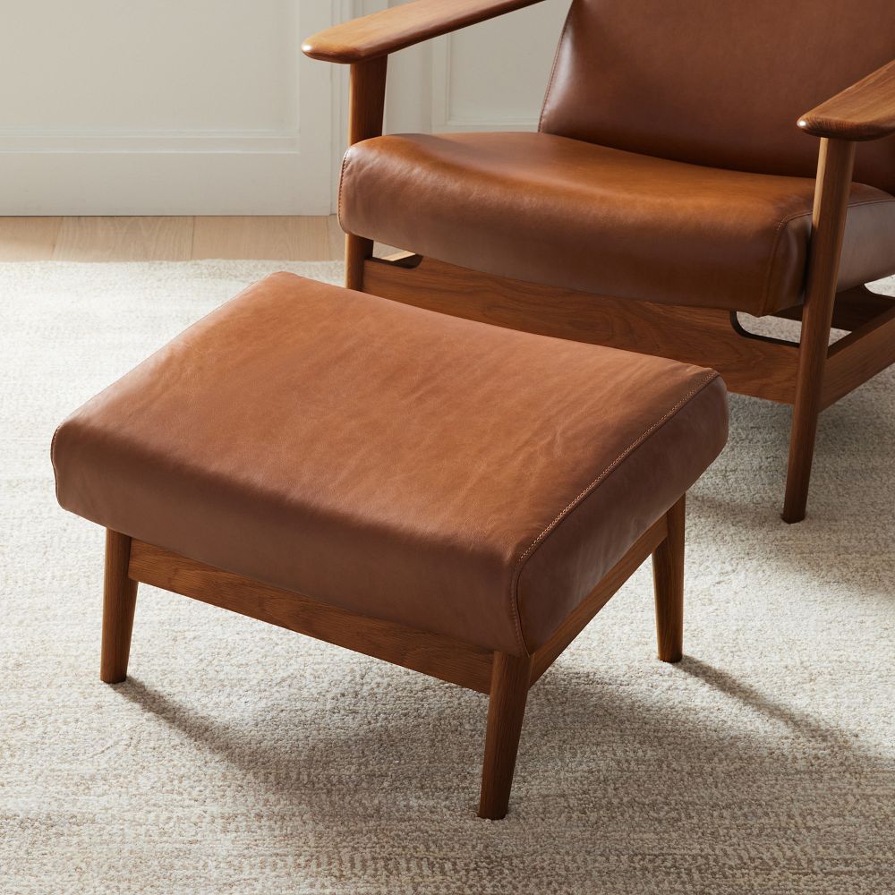 Mid-Century Show Wood Leather Ottoman by West Elm