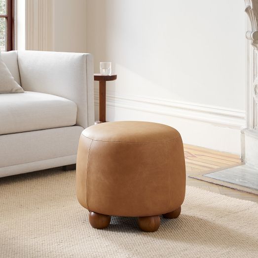 Thalia Leather Ottoman – Top-Grain, Walnut Legs | West Elm