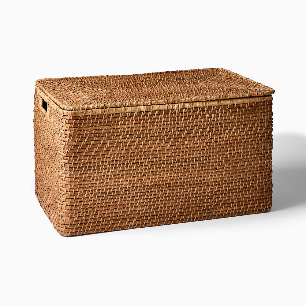 Modern Weave Rattan Baskets - Natural, Large Rectangular Lidded, 26.75"w x 14.5"h