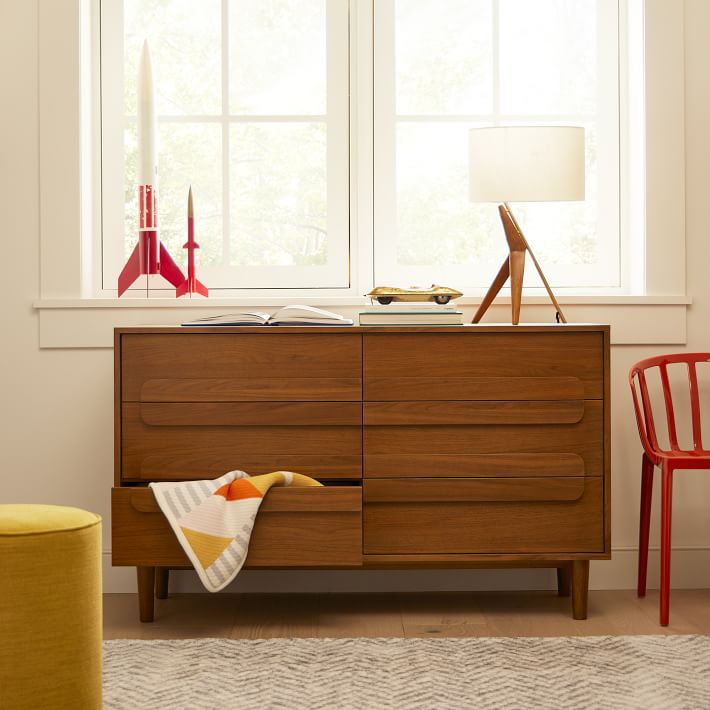 kid dresser Brooks 6 Drawer with Interlocking Drawers Humanized DetailsEquipped with smooth metal slides and handles Gemini 6-Drawer Wide Dresser, Oak,