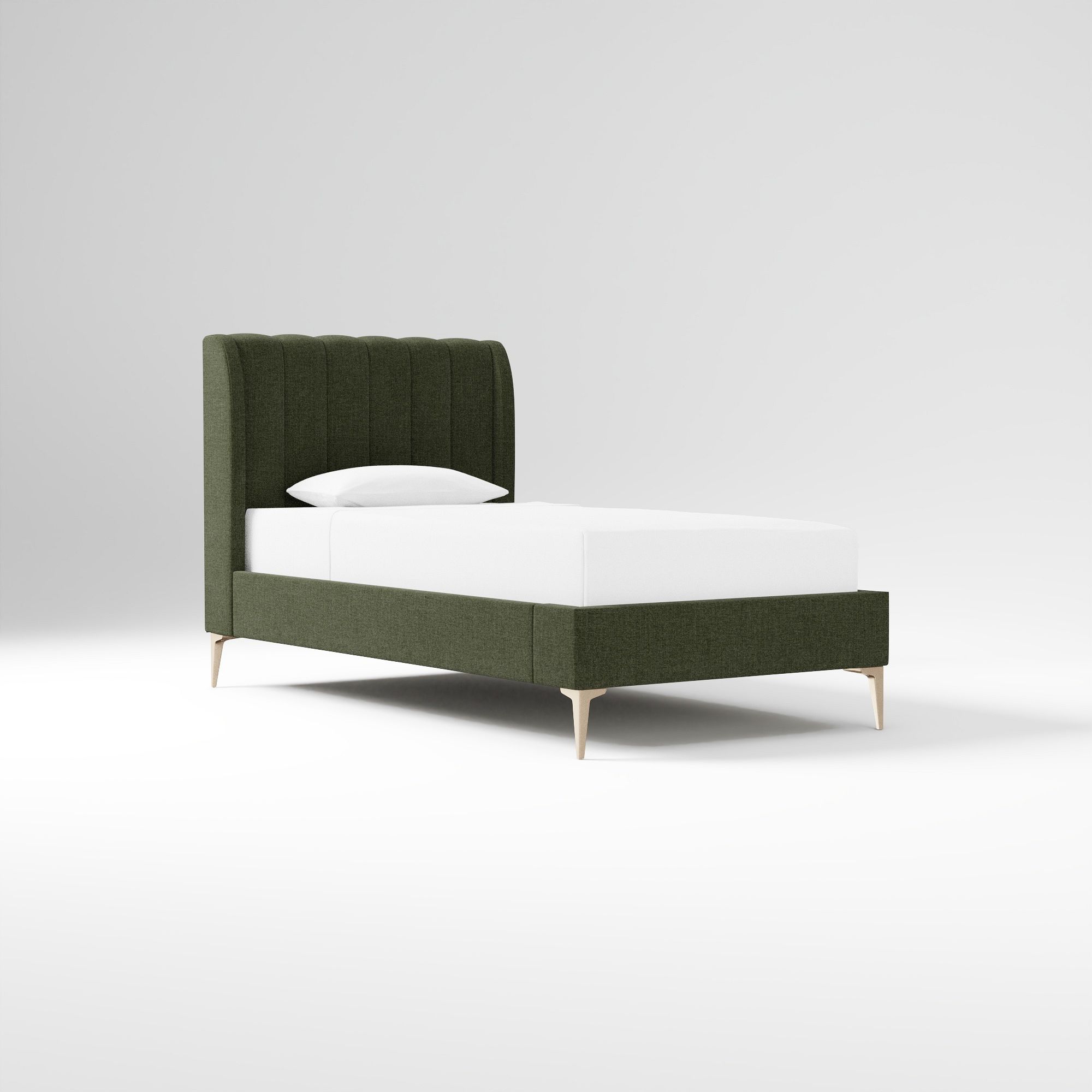 Sage green velvet upholstered platform bed with channeled headboard